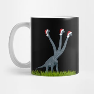 Dinosaur celebrates Christmas with Santa caps on | 3-necked dinosaur Mug